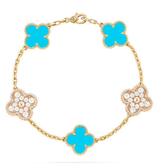 [✨ROSE✨]CLOVER 5 MOTIF TURQUOISE DIAMOND GOLD BRACELET