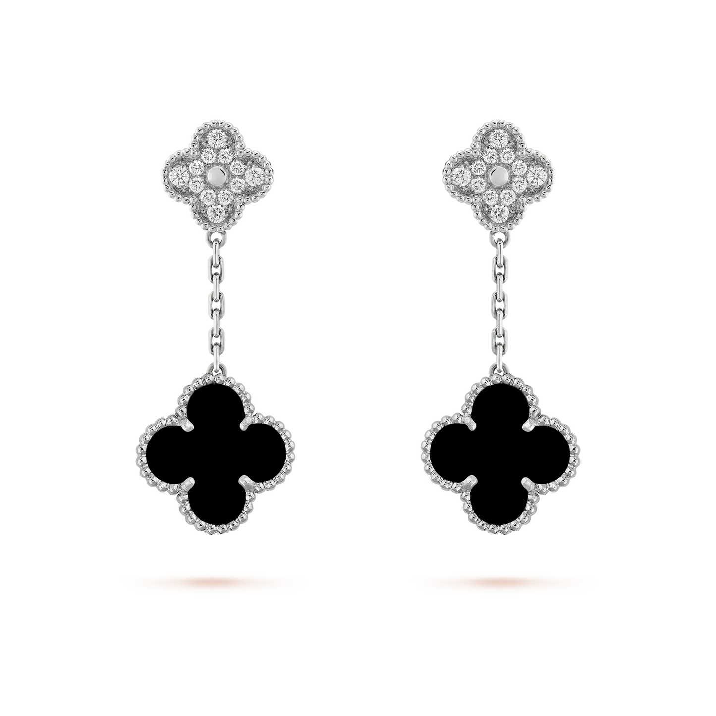 [✨ROSE✨]CLOVER 2 MOTIFS  DIAMOND ONYX EARRINGS SILVER