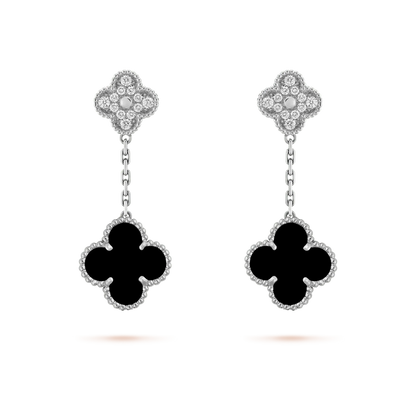 [✨ROSE✨]CLOVER 2 MOTIFS  DIAMOND ONYX EARRINGS SILVER
