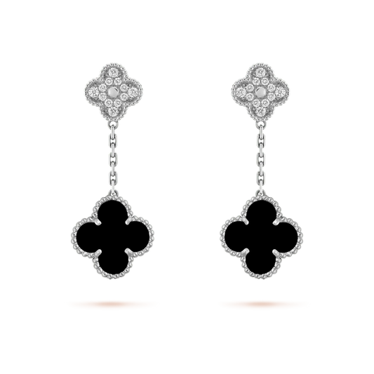 [✨ROSE✨]CLOVER 2 MOTIFS  DIAMOND ONYX EARRINGS SILVER
