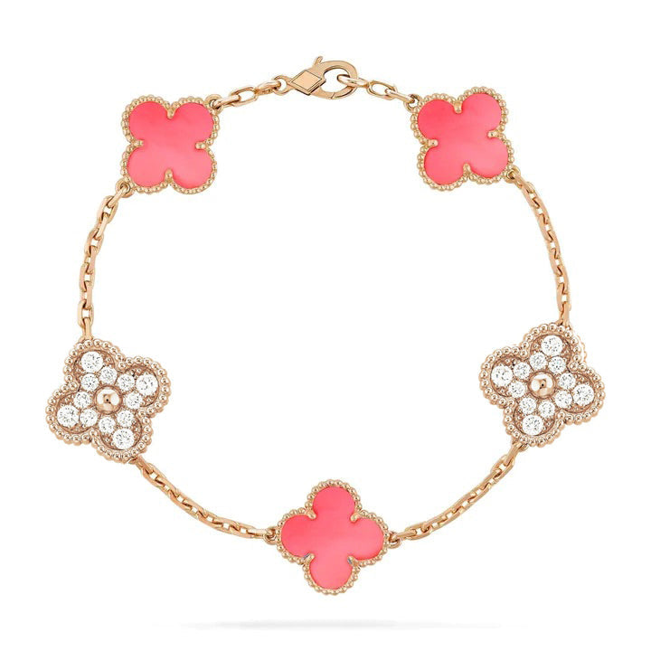 [✨ROSE✨]CLOVER 5 MOTIF DIAMOND PINK MOP PINK GOLD BRACELET