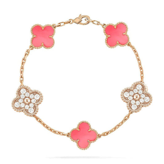 [✨ROSE✨]CLOVER 5 MOTIF DIAMOND PINK MOP PINK GOLD BRACELET