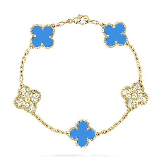 [✨ROSE✨]CLOVER 5 MOTIF BLUE CHALCEDONY DIAMOND GOLD BRACELET