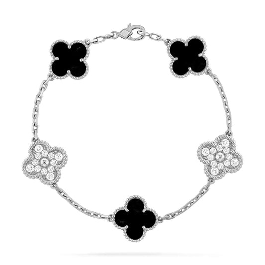 [✨ROSE✨]CLOVER 5 MOTIF ONYXS DIAMOND BRACELET SILVER