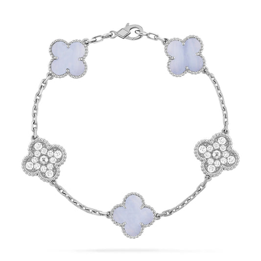 [✨ROSE✨]CLOVER  5 MOTIF DIAMOND PURPLE CHALCEDONY BRACELET SILVER
