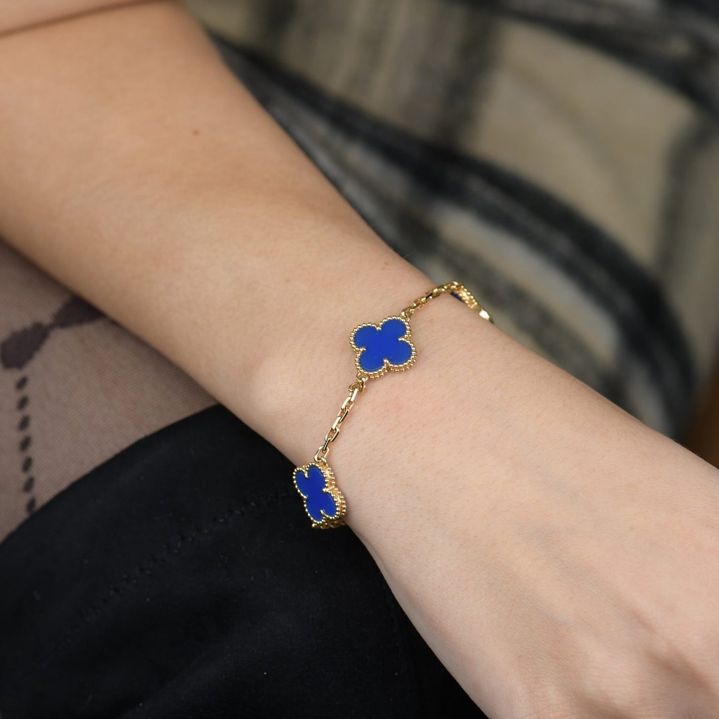 [✨ROSE✨]CLOVER 5 MOTIFS BLUE AGATE BRACELET