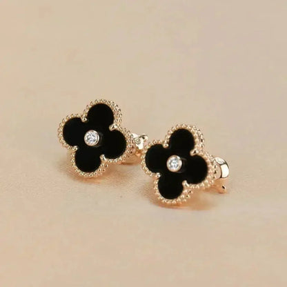 [✨ROSE✨]CLOVER MEDIUM 1 MOTIFS ONYX DIAMOND EARRINGS
