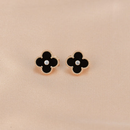 [✨ROSE✨]CLOVER MEDIUM 1 MOTIFS ONYX DIAMOND EARRINGS