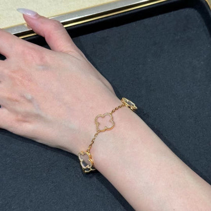 [✨ROSE✨]CLOVER 5 MOTIF ROCK CRYSTAL PINK GOLD BRACELET