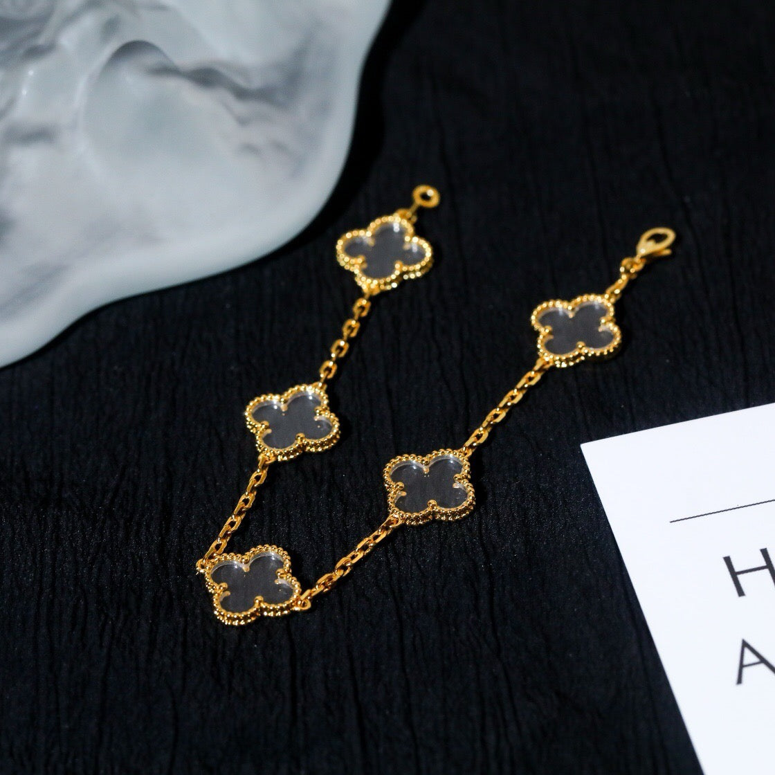 [✨ROSE✨]CLOVER 5 MOTIF ROCK CRYSTAL PINK GOLD BRACELET