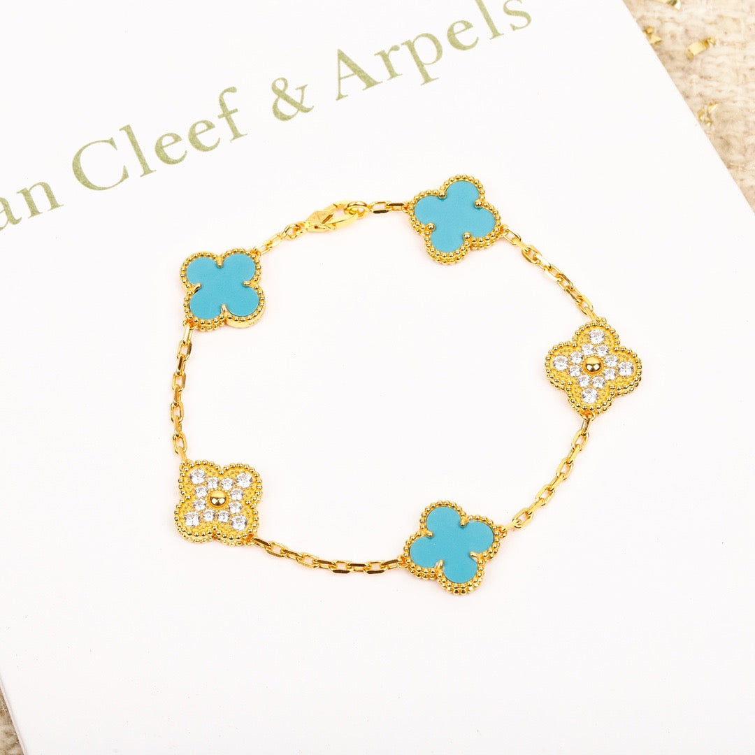 [✨ROSE✨]CLOVER 5 MOTIF TURQUOISE DIAMOND GOLD BRACELET