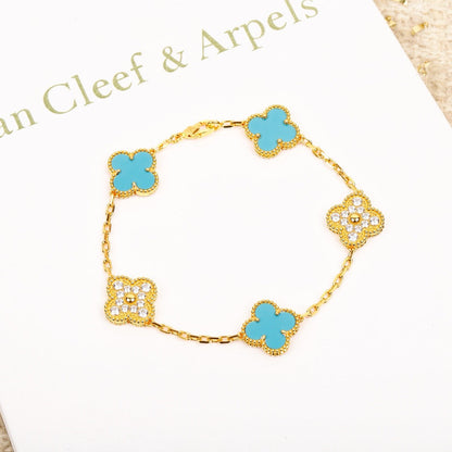 [✨ROSE✨]CLOVER 5 MOTIF TURQUOISE DIAMOND GOLD BRACELET