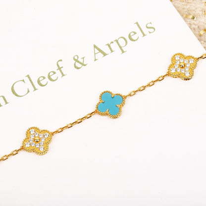 [✨ROSE✨]CLOVER 5 MOTIF TURQUOISE DIAMOND GOLD BRACELET