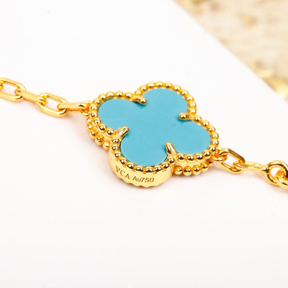 [✨ROSE✨]CLOVER 5 MOTIF TURQUOISE DIAMOND GOLD BRACELET