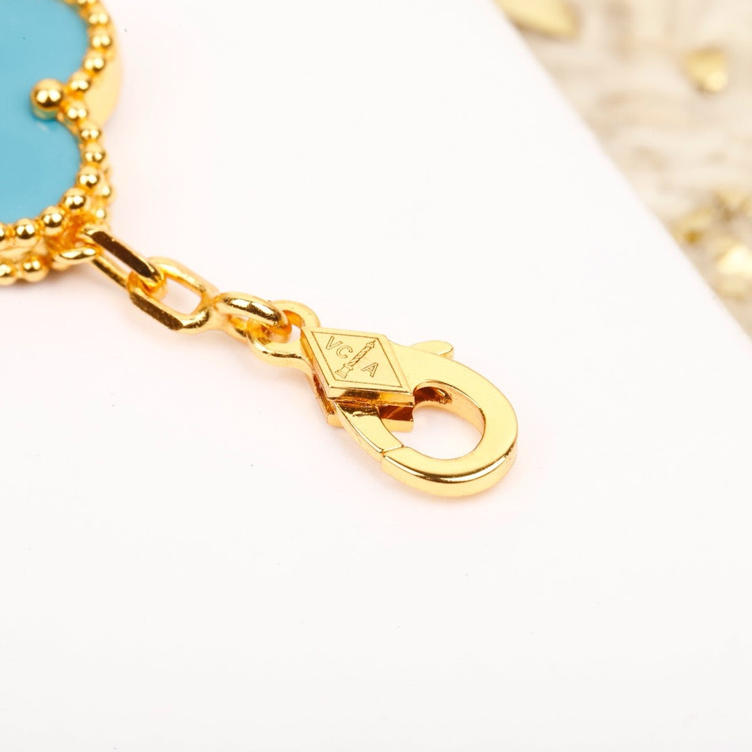 [✨ROSE✨]CLOVER 5 MOTIF TURQUOISE DIAMOND GOLD BRACELET