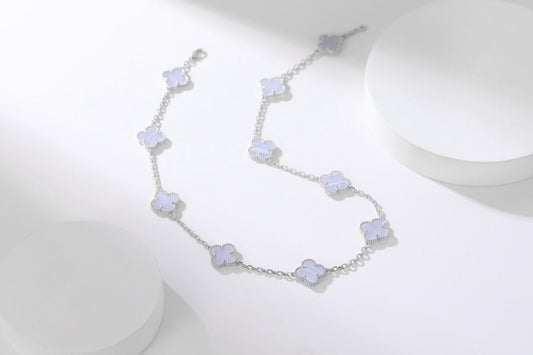 [✨ROSE✨]CLOVER 10 MOTIFS PURPLE CHALCEDONY  NECKLACE SILVER