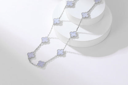 [✨ROSE✨]CLOVER 10 MOTIFS PURPLE CHALCEDONY  NECKLACE SILVER
