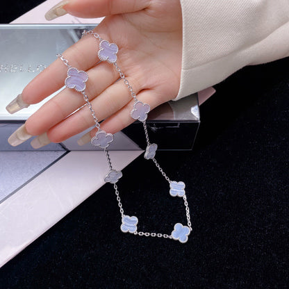 [✨ROSE✨]CLOVER 10 MOTIFS PURPLE CHALCEDONY  NECKLACE SILVER