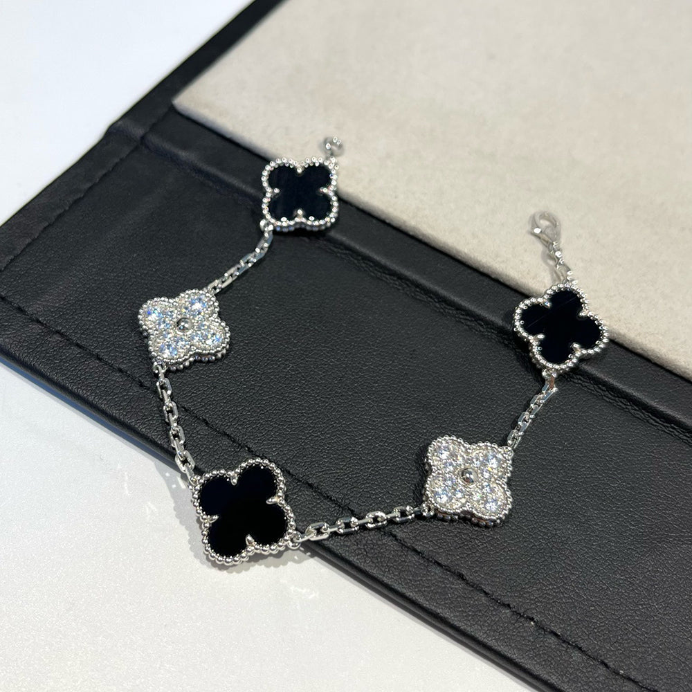 [✨ROSE✨]CLOVER 5 MOTIF ONYXS DIAMOND BRACELET SILVER