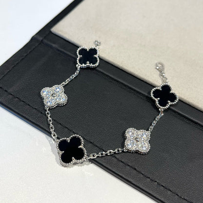 [✨ROSE✨]CLOVER 5 MOTIF ONYXS DIAMOND BRACELET SILVER