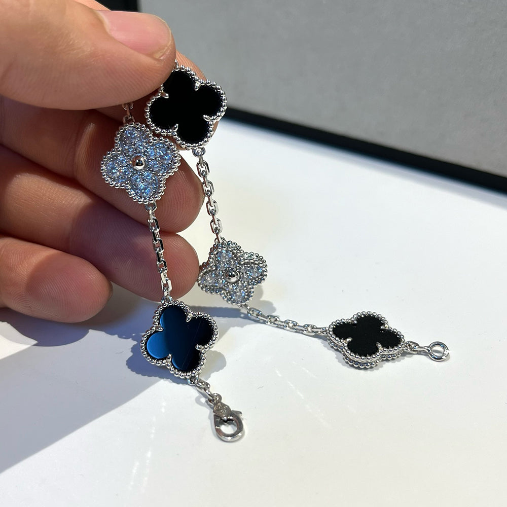 [✨ROSE✨]CLOVER 5 MOTIF ONYXS DIAMOND BRACELET SILVER