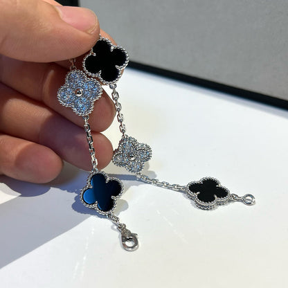 [✨ROSE✨]CLOVER 5 MOTIF ONYXS DIAMOND BRACELET SILVER