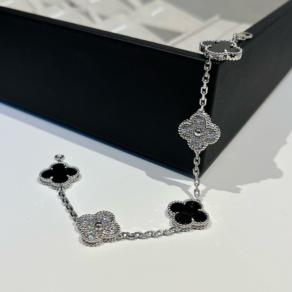 [✨ROSE✨]CLOVER 5 MOTIF ONYXS DIAMOND BRACELET SILVER