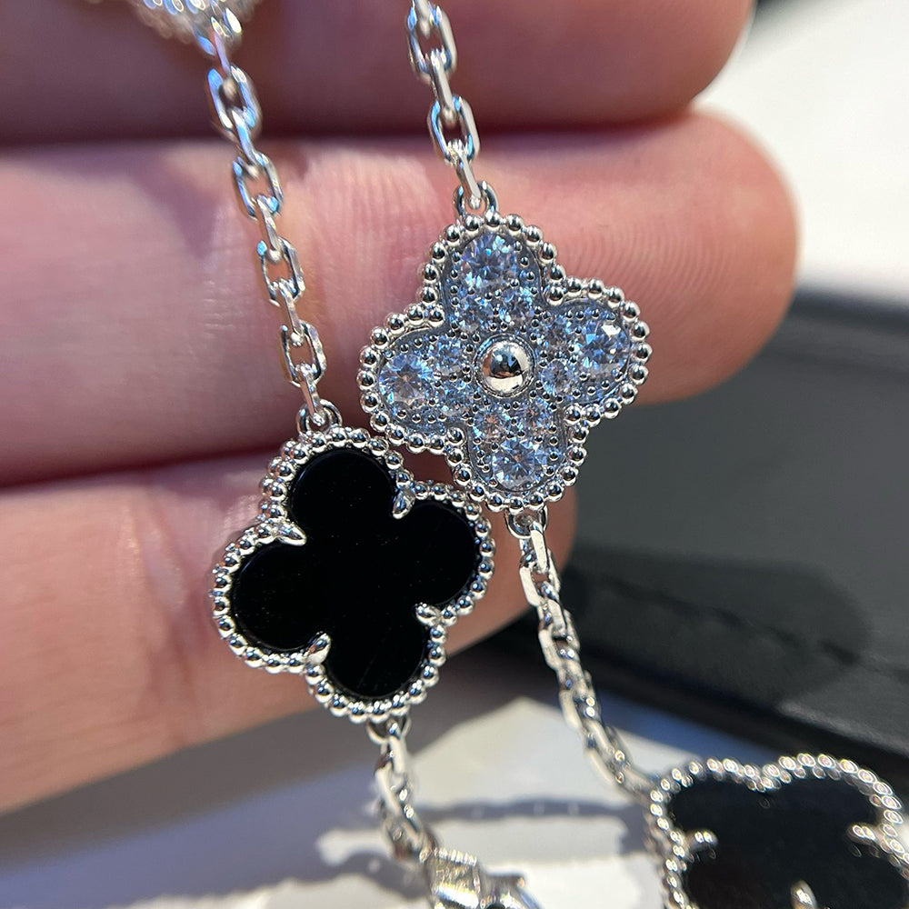 [✨ROSE✨]CLOVER 5 MOTIF ONYXS DIAMOND BRACELET SILVER