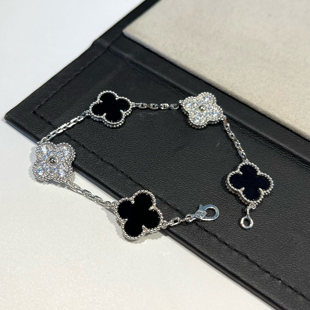 [✨ROSE✨]CLOVER 5 MOTIF ONYXS DIAMOND BRACELET SILVER