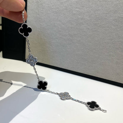 [✨ROSE✨]CLOVER 5 MOTIF ONYXS DIAMOND BRACELET SILVER