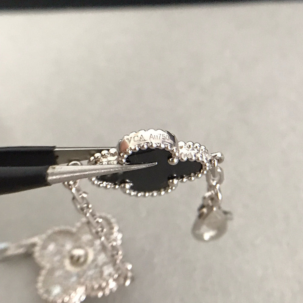 [✨ROSE✨]CLOVER 5 MOTIF ONYXS DIAMOND BRACELET SILVER