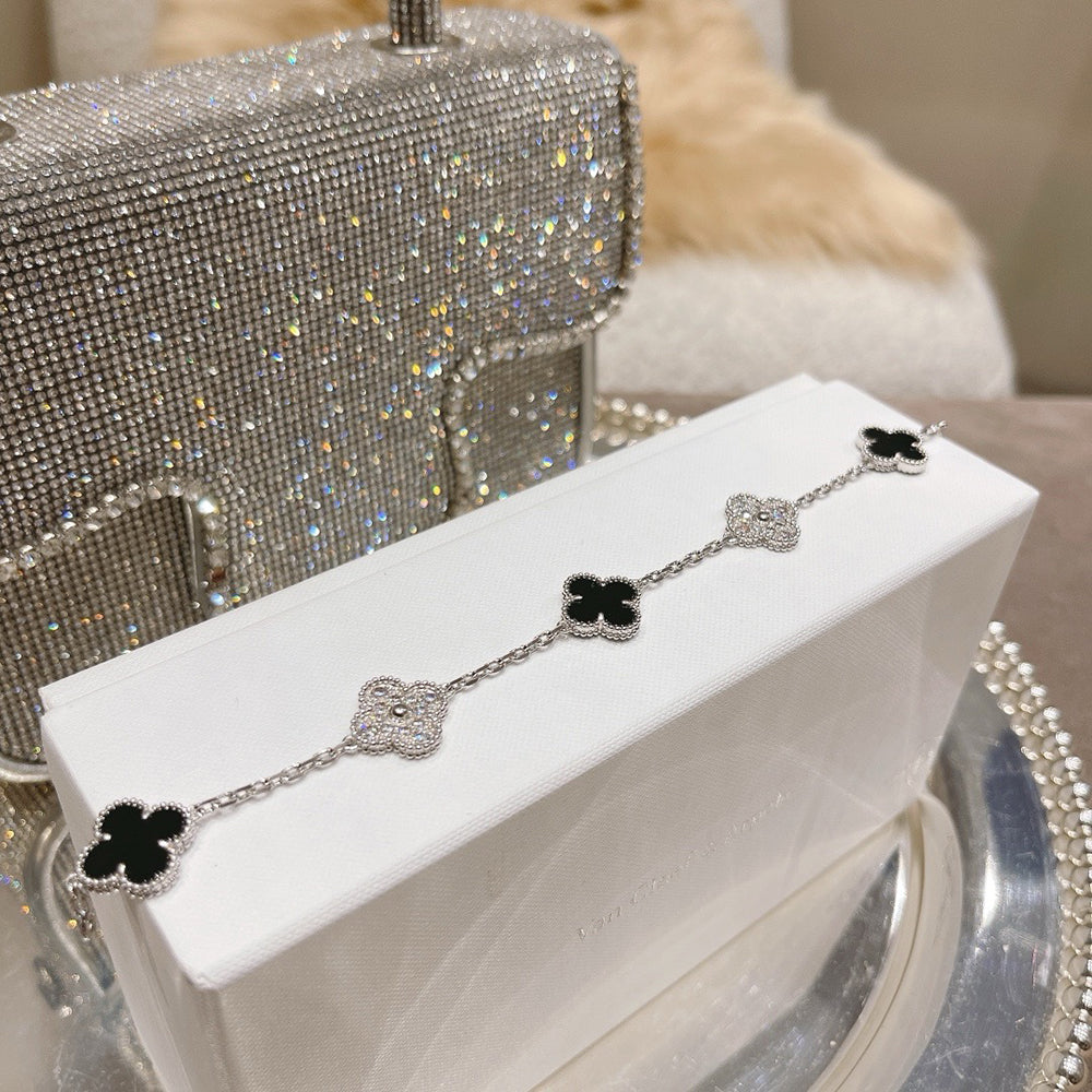 [✨ROSE✨]CLOVER 5 MOTIF ONYXS DIAMOND BRACELET SILVER
