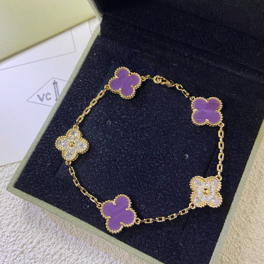 [✨ROSE✨]CLOVER  5 MOTIFS  PURPLE VIOLET DIAMOND BRACELET