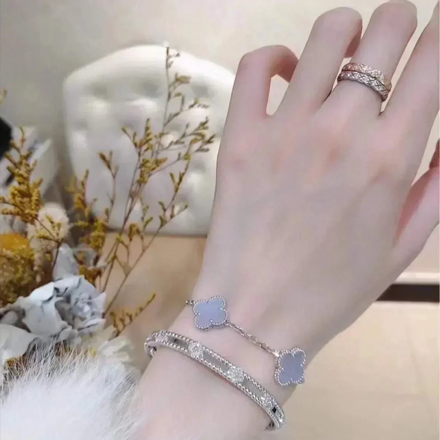 [✨ROSE✨]CLOVER  5 MOTIF PURPLE CHALCEDONY BRACELET SILVER
