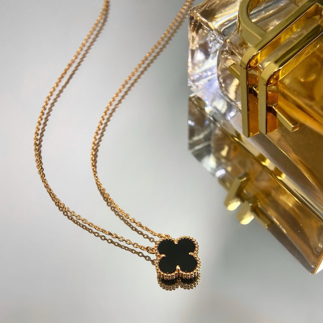 [✨ROSE✨]CLOVER 15MM BLACK ONYX SINGLE FLOWER NECKLACE