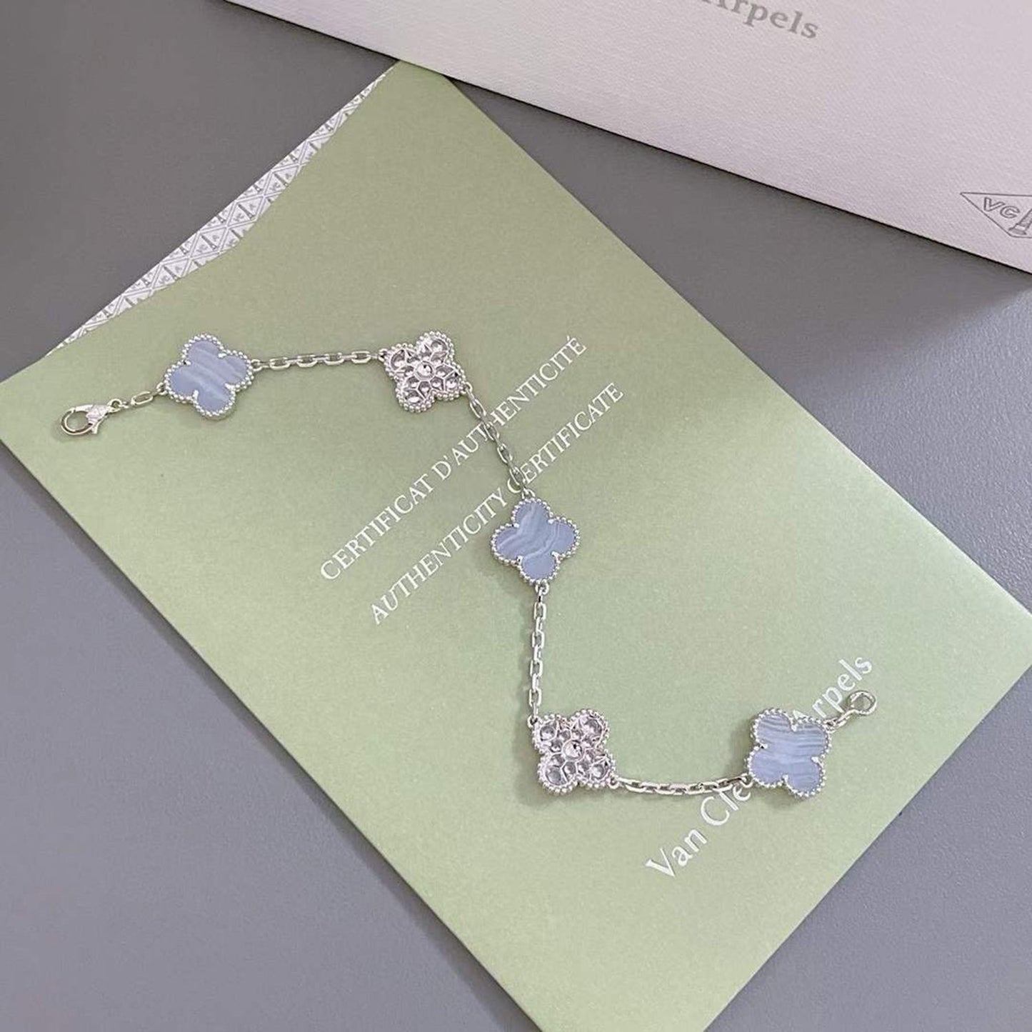 [✨ROSE✨]CLOVER  5 MOTIF DIAMOND PURPLE CHALCEDONY BRACELET SILVER
