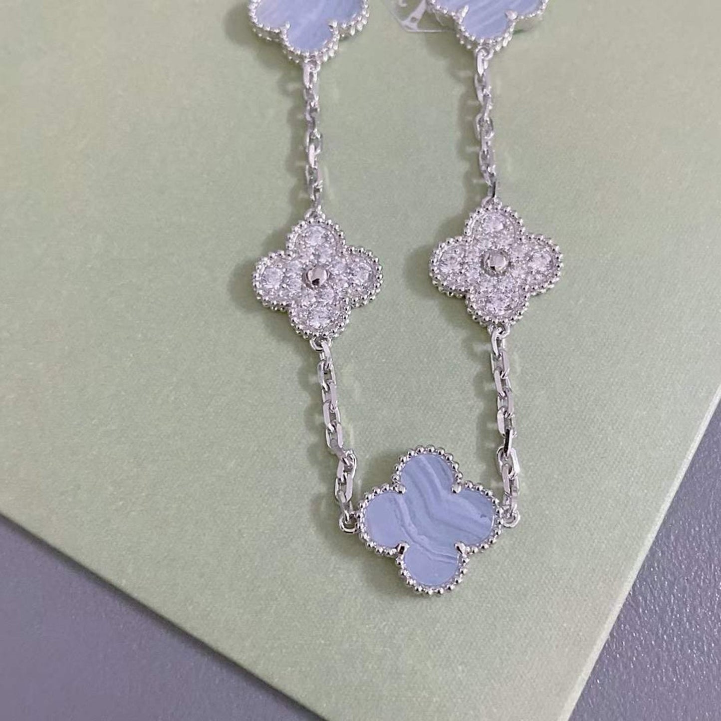 [✨ROSE✨]CLOVER  5 MOTIF DIAMOND PURPLE CHALCEDONY BRACELET SILVER