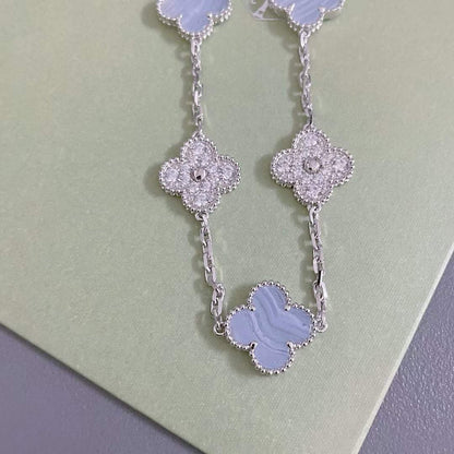 [✨ROSE✨]CLOVER  5 MOTIF DIAMOND PURPLE CHALCEDONY BRACELET SILVER