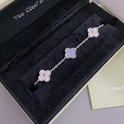 [✨ROSE✨]CLOVER  5 MOTIF DIAMOND PURPLE CHALCEDONY BRACELET SILVER