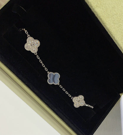 [✨ROSE✨]CLOVER  5 MOTIF DIAMOND PURPLE CHALCEDONY BRACELET SILVER