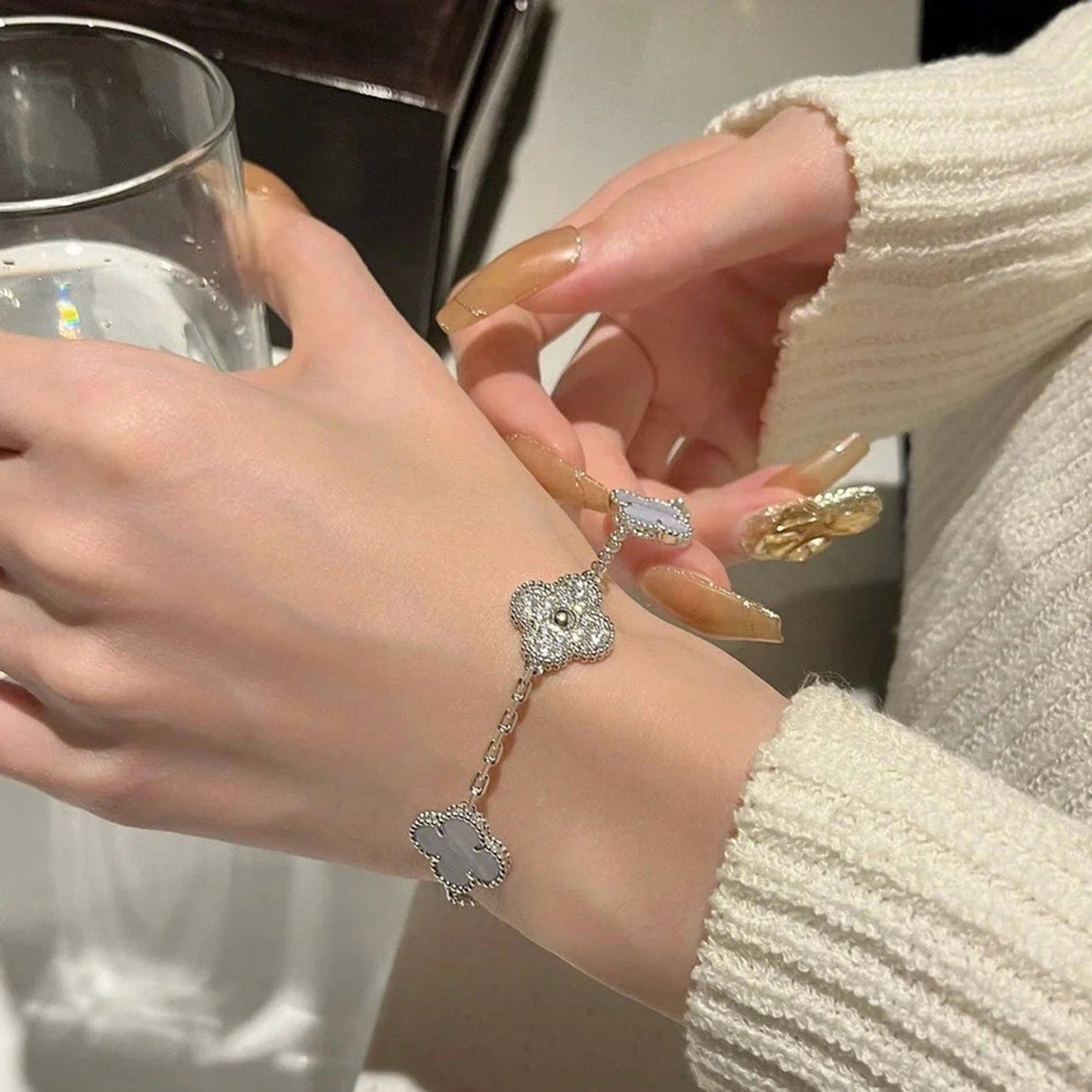 [✨ROSE✨]CLOVER  5 MOTIF DIAMOND PURPLE CHALCEDONY BRACELET SILVER