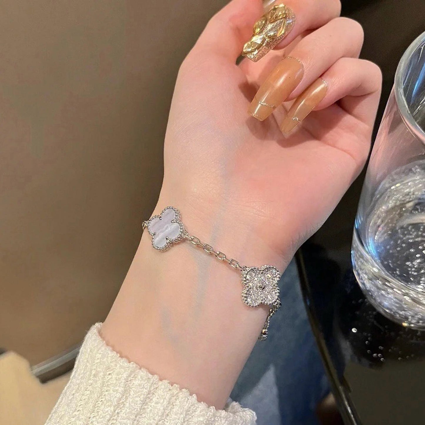 [✨ROSE✨]CLOVER  5 MOTIF DIAMOND PURPLE CHALCEDONY BRACELET SILVER