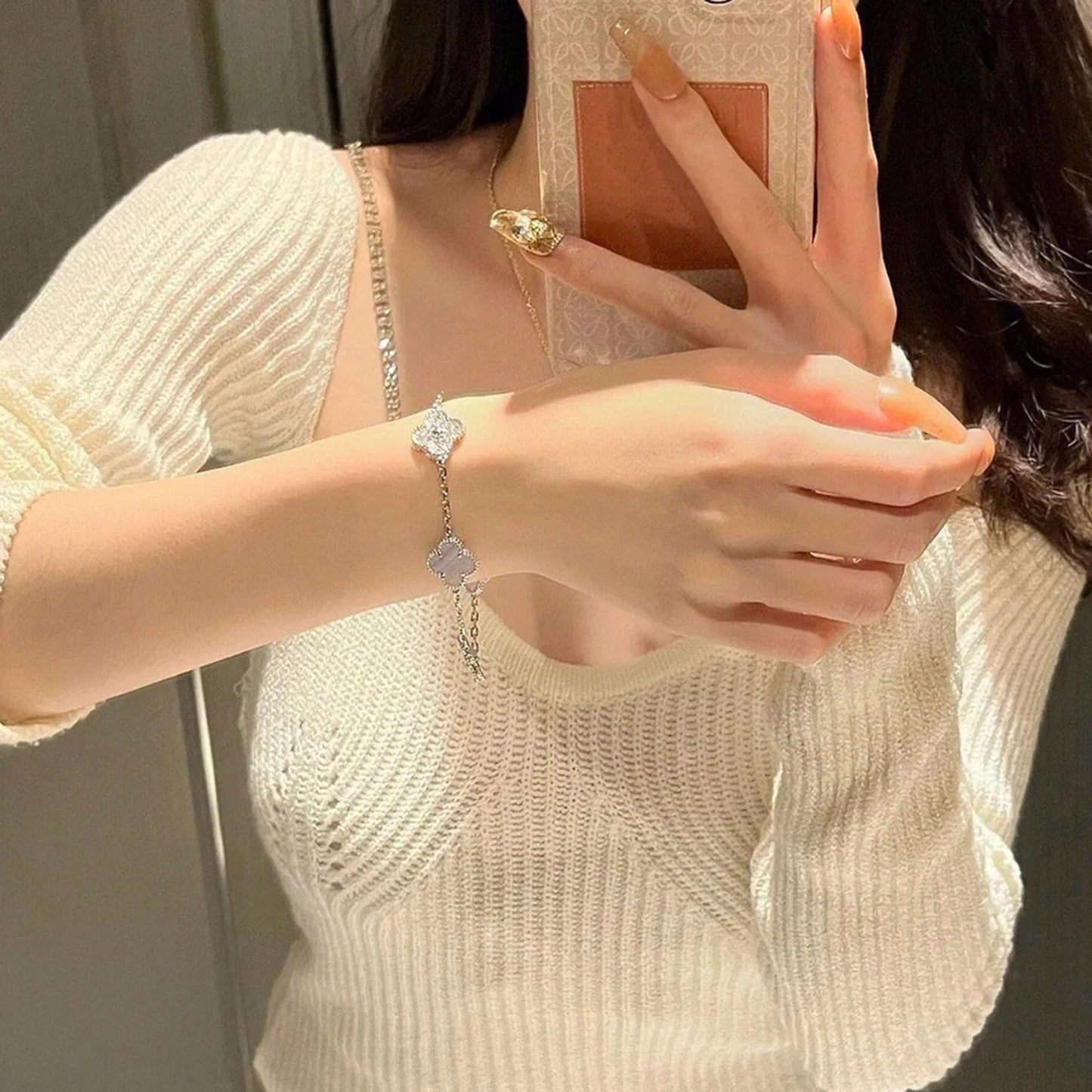 [✨ROSE✨]CLOVER  5 MOTIF DIAMOND PURPLE CHALCEDONY BRACELET SILVER