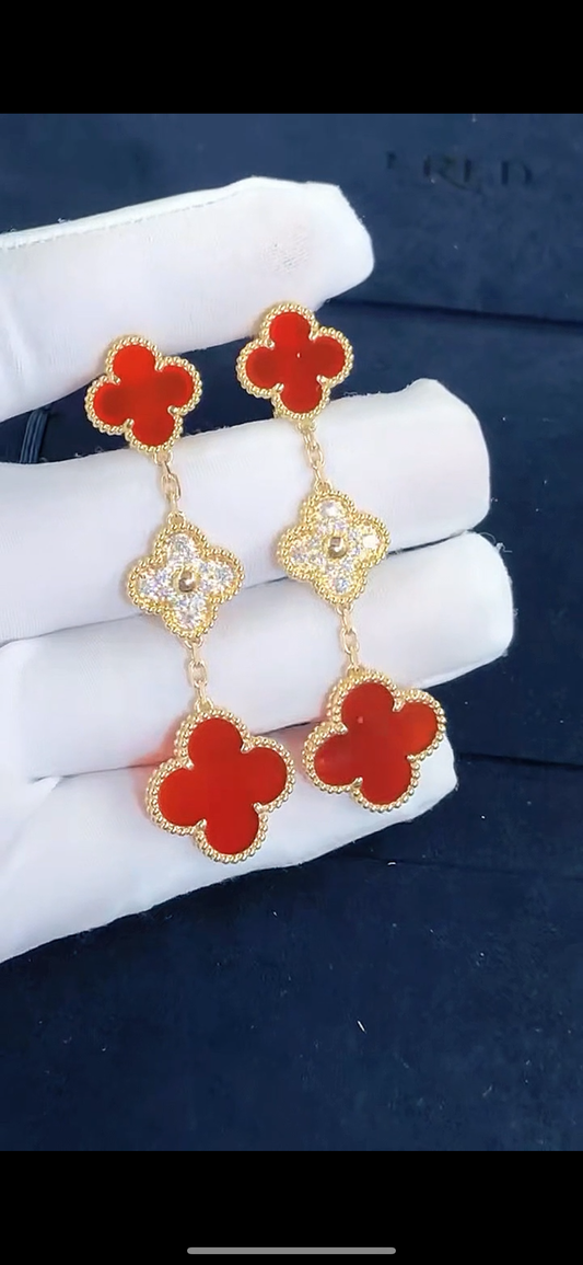 [✨ROSE✨]CLOVER EARRINGS GOLD RED CORNELIAN DIAMOND 3 MOTIF