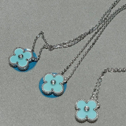 [✨ROSE✨]CLOVER 1 DIAMOND LIGHT BLUE SILVER NECKLACE