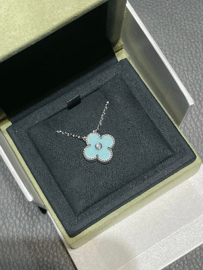 [✨ROSE✨]CLOVER 1 DIAMOND LIGHT BLUE SILVER NECKLACE