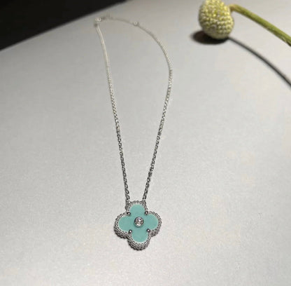 [✨ROSE✨]CLOVER 1 DIAMOND LIGHT BLUE SILVER NECKLACE