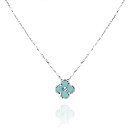 [✨ROSE✨]CLOVER 1 DIAMOND LIGHT BLUE SILVER NECKLACE