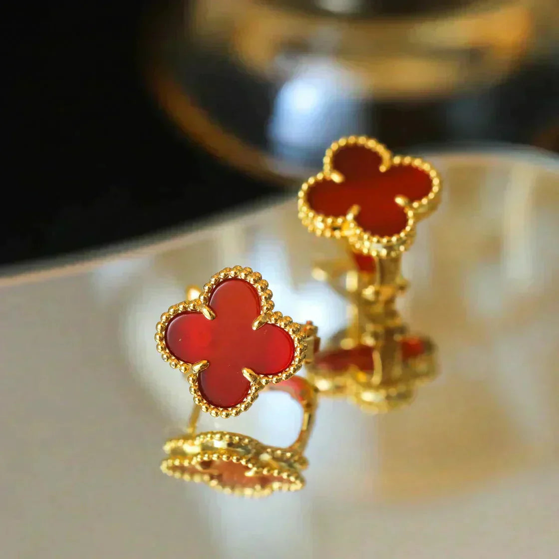 [✨ROSE✨]CLOVER MEDIUM 1 MOTIFS CARNELIAN  EARRINGS