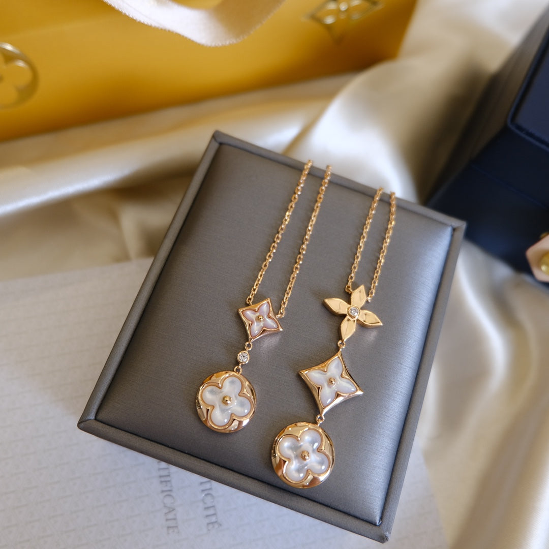 [✨ROSE✨]COLOR BLOSSOM LARIAT NECKLACE PINK GOLD WHITE MOTHER PEARL AND DIAMOND